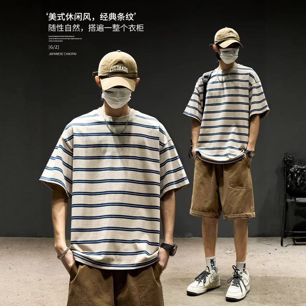 条纹t恤男士2025新款美式潮牌纯圆领半袖宽松休闲港风短袖ins夏季